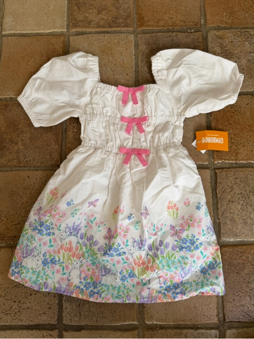 Gymboree White Floral Bunny Dress with Pink Bows Girls Size 3T